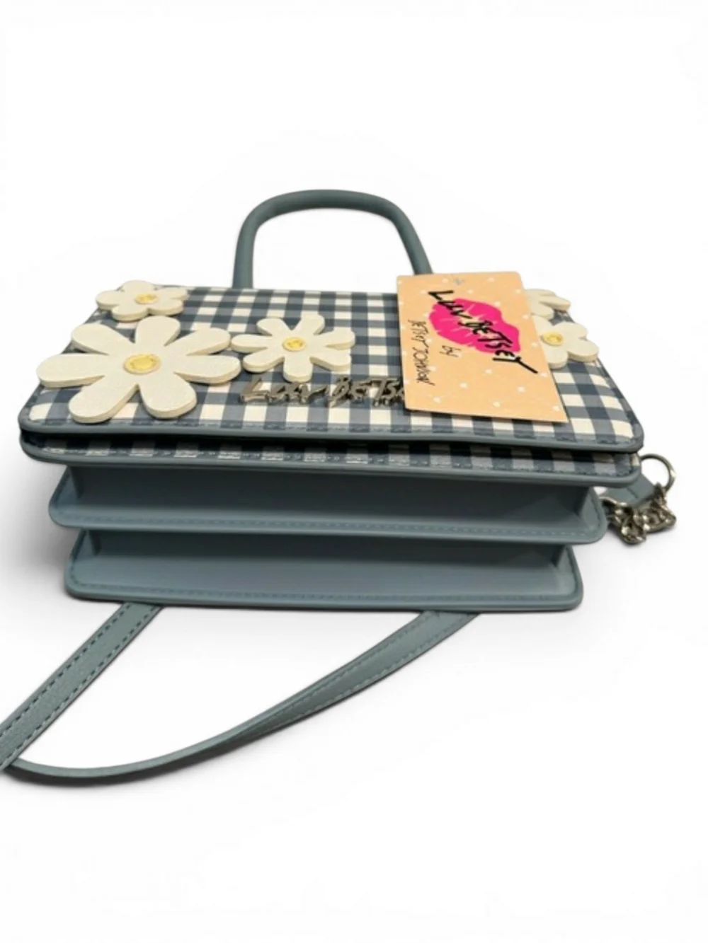 Betsey Johnson Blue Gingham Crossbody w/ Cream Daisy Appliqués NWT!